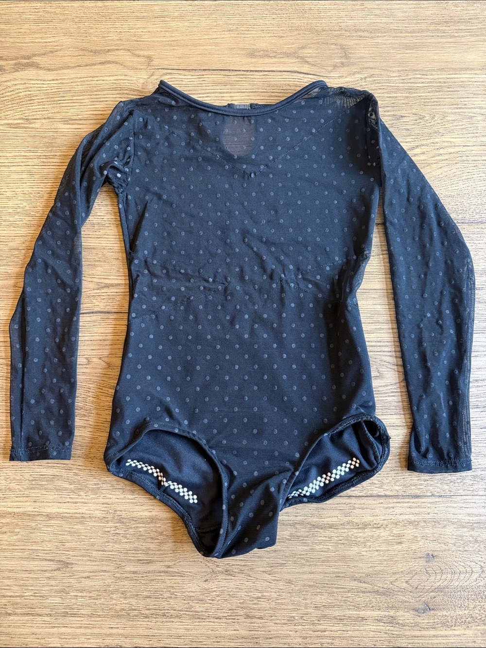 Long-Sleeve Black Polka Dot Mesh Sleeve Dance Leotard